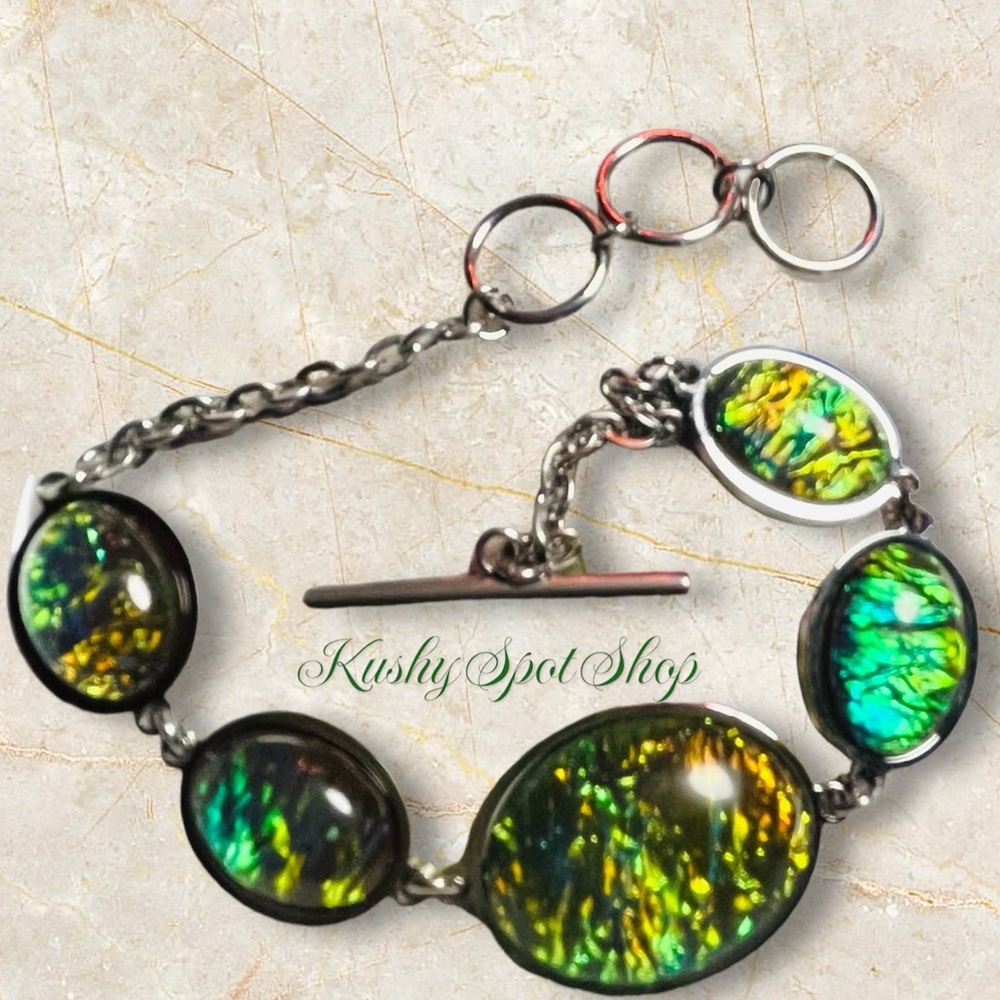 Stainless Steel Abalone Shell 💚🌀💚🌀 Toggle Closure Bracelet MINT 7.5”L 🔷🌀💚